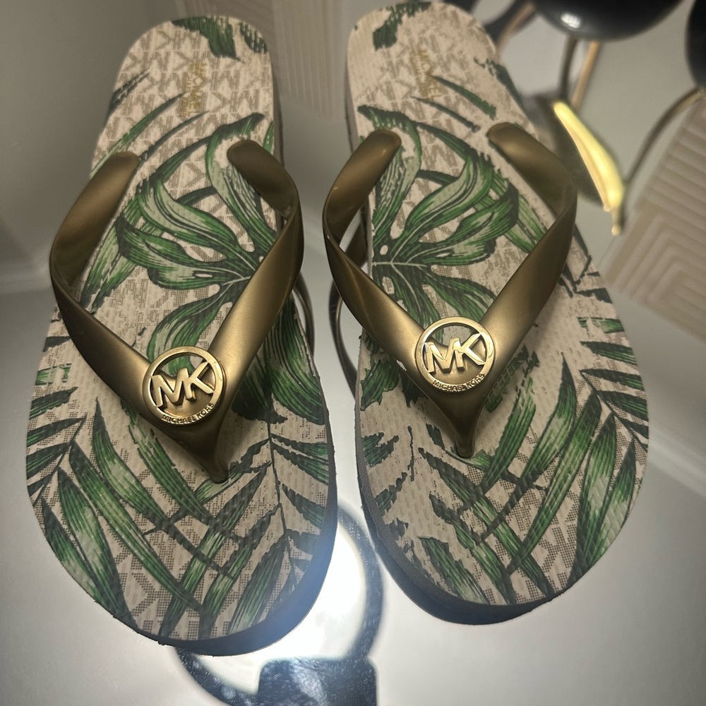 Michael Kors Green and Gold Flip Flops